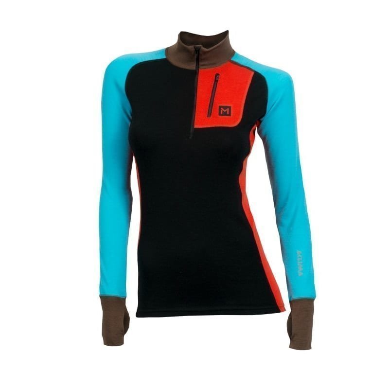 Aclima Lars Monsen Anárjohka Mock Neck W/Zip Women's M JET BLACK/POINCIANA/BLUE