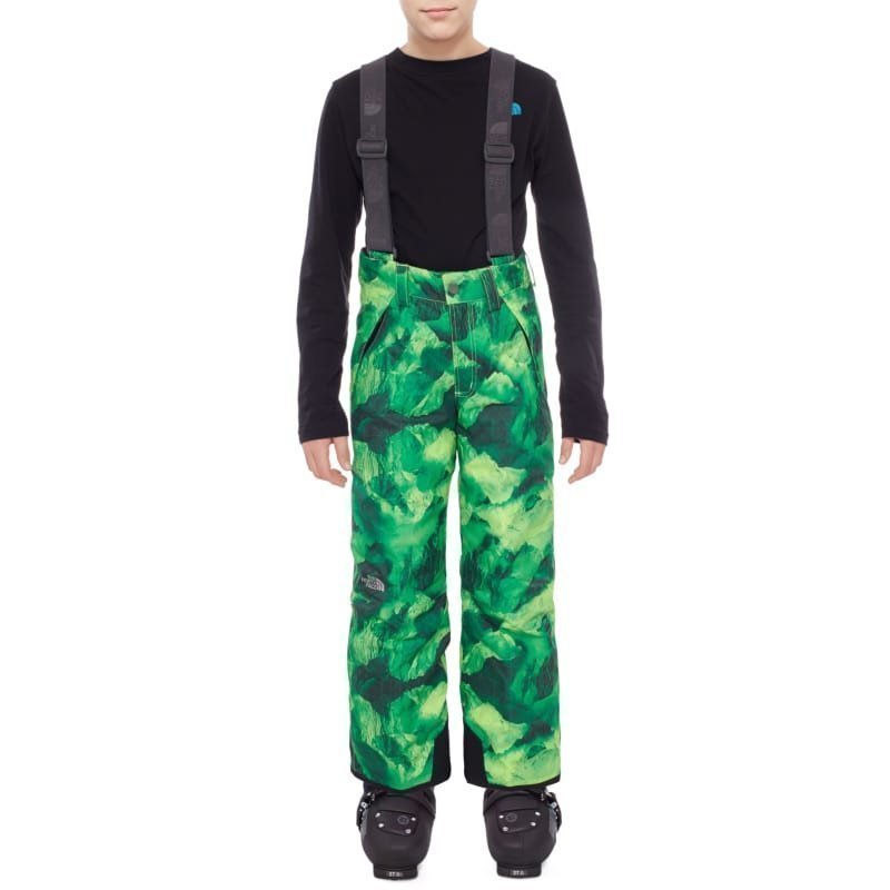 The North Face Boys Snowquest Suspender Pant S Safety Green Glacier Print